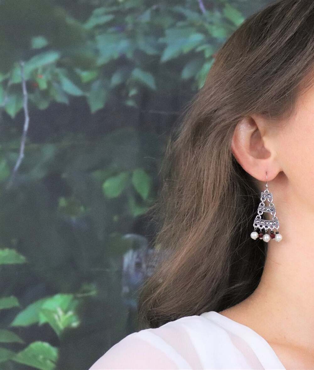 Sterling Silver Marcasite, Pearl, Rhinestone, Bead Earrings Dangle Drop 2" x 3/4 - Picture 3 of 7